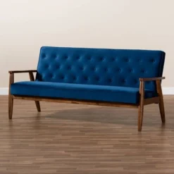 Sorrento Velvet Upholstered Wooden 3 Seater Sofa Navy Blue/Brown - Baxton Studio -Lush Living Store GUEST aa493472 482c 4a2d b6db d54efff3bf0f