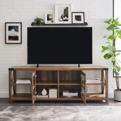 Sophie Rustic Farmhouse X Frame Glass Doors TV Stand For TVs Up To 80" Rustic Oak - Saracina Home -Lush Living Store GUEST ab282666 78bc 4f32 95d1 fde89840ca0c