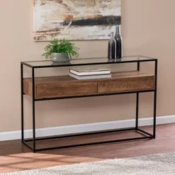 Slehidi Glass Top Console Table With Storage Black/Natural - Aiden Lane -Lush Living Store GUEST ad305531 daa6 42c9 a232 5b9103c21410