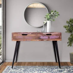 43" 2 Drawer Reclaimed Wood Console Table With Angled Legs And Pastel Accent Brown/Black - The Urban Port -Lush Living Store GUEST affca04b 2446 4936 b0bb 70d3cdaee07b