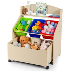 Costway Kids Wooden Toy Storage Unit Organizer W/Rolling Toy Box & Plastic Bins NaturalEspresso -Lush Living Store GUEST b1538226 2c79 451e 9800 9bc4afb4832c