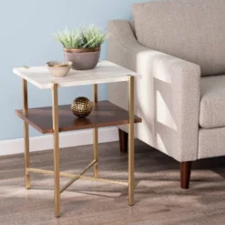 Amelia Square Faux Marble End Table With Storage Brass - Aiden Lane