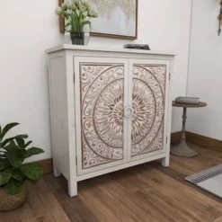 Rustic Wooden Cabinet With Carved Medallion Design Beige - Olivia & May -Lush Living Store GUEST b584e4a8 b983 4d0c bbba 701382e17926