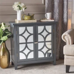 Melora Fir Wood Cabinet With Mirrored Doors Charcoal Gray - Christopher Knight Home