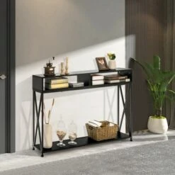 Costway Steel Frame Console Table With Open Shelf And Storage Compartments Black -Lush Living Store GUEST b6d17b96 b75b 4655 8143 6bf952ea1c33