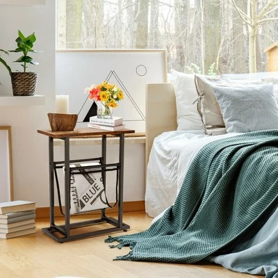 Costway Industrial End Side Table Mesh Magazine Holder Nightstand Rustic Brown 5 Costway Industrial End Side Table Mesh Magazine Holder Nightstand Rustic Brown - Image 3