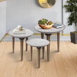 Set Of 3 Mango Wood Bowl Top Side End Coffee Tables With Angled Tripod Base White/Brown - The Urban Port -Lush Living Store GUEST b70b79c9 40a6 468c 8dba 6b8bb06db614