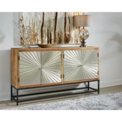 Gleaming 4 Door Credenza With Silver Doors Light Brown/Black - Treasure Trove Accents -Lush Living Store GUEST bbc71937 51fa 47d2 bb98 7345e2869bcf