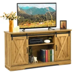 Costway 59'' Farmhouse TV Stand Sliding Barn Door Cabinet W/ Adjustable Shelf -Lush Living Store GUEST bdf41f25 ac5f 4e5f a212 9563f9a34b5c
