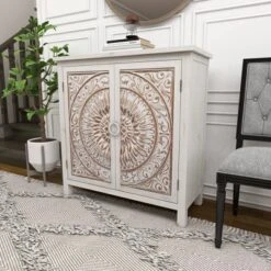 Rustic Wooden Cabinet With Carved Medallion Design Beige - Olivia & May -Lush Living Store GUEST c344aff5 4f01 4096 b5ff f11c0ac055dd