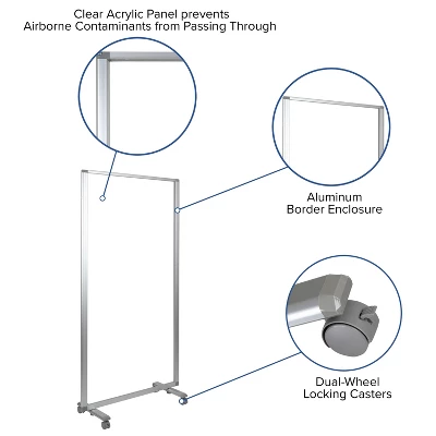Flash Furniture Transparent Acrylic Mobile Partition With Lockable Casters, 72"H X 36"L 4 Flash Furniture Transparent Acrylic Mobile Partition With Lockable Casters, 72"H X 36"L - Image 2