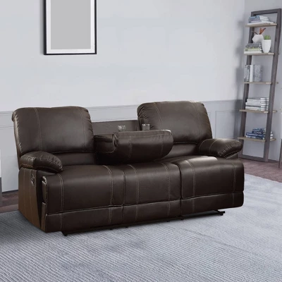 Leather Double Reclining Sofa With Drop Down Cup Holders Brown - Benzara 7 Leather Double Reclining Sofa With Drop Down Cup Holders Brown - Benzara - Image 5