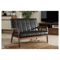 Nikko Mid-Century Modern Scandinavian Style Faux Leather Wooden 2 Seater Loveseat - Baxton Studio -Lush Living Store GUEST cb3dfdc0 3d3e 4e52 ae01 b0acb5368433