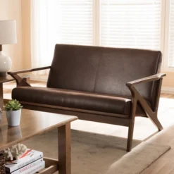 Bianca Mid-Modern Walnut Wood Distressed Faux Leather 2 Seater Loveseat Dark Brown - Baxton Studio -Lush Living Store GUEST cb9850fb ca10 4e42 8bde d6844820136b