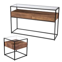 Slehidi Glass Top Console Table With Storage Black/Natural - Aiden Lane -Lush Living Store GUEST cdc07bda 6fb2 4d53 80d5 e090724919e8