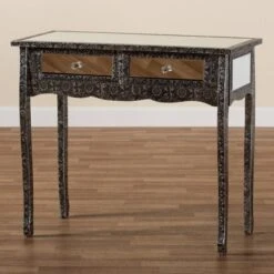 Wycliff Metal And Mirrored Glass 2 Drawer Console Table Dark Gray/Silver - Baxton Studio -Lush Living Store GUEST cdcc3b2e 68e7 4db4 95ec ce7eaa424b5c