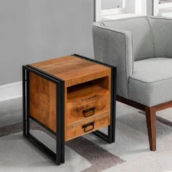 2 Drawer Wooden Farmhouse Side Table With Open Cubby And Iron Frame Brown/Black - The Urban Port -Lush Living Store GUEST cea38cfb 81bb 45fd 8627 56c24edce03f
