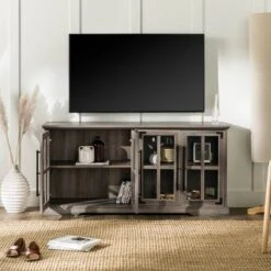 Avalene Modern Farmhouse 4 Door Glass Window Pane TV Stand For TVs Up To 65" - Saracina Home -Lush Living Store GUEST ceb56c53 532c 41c4 bc33 7237d1461a67