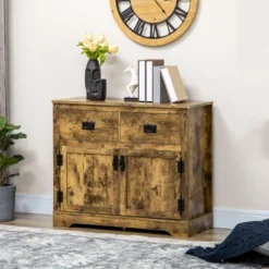 HOMCOM Rustic Storage Cabinet Sideboard With 2 Drawers And 2 Cupboard, Distressed Brown -Lush Living Store GUEST d0b2c44f e9fe 4892 a0c0 c5b65c98c73e