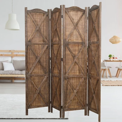 Rancho Barn 4 Panel Room Divider With Folding Screen Room Partition Paulownia Wood Brown - Proman Products 6 Rancho Barn 4 Panel Room Divider With Folding Screen Room Partition Paulownia Wood Brown - Proman Products - Image 4