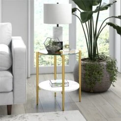 Gold Finish Side Table With Faux Marble Shelf - Henn&Hart -Lush Living Store GUEST d1d1a840 1a11 4448 bea6 9d89741c4574