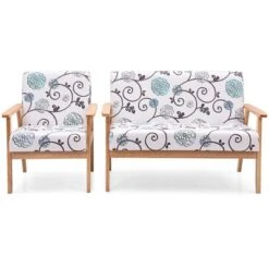Tangkula 2 Piece Loveseat And Single Sofa Set Fabric Upholstered Couch & Accent Armchair White+Blue/Blue/Yellow Floral -Lush Living Store GUEST d2928bae 01ce 4c20 b45f 1a31a0ec239b