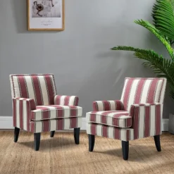 Set Of 2 Sara Upholstered Accent Arm Chair With Nail Head Trim | Karat Home-Stripe Red