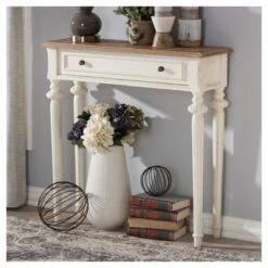 Marquetterie French Provincial Style Weathered Oak Wash And Distressed Wood Finish Two - Tone Console Table - White - Baxton Studio -Lush Living Store GUEST d46a293a 4a48 46be a4ed ddcf14fae82f