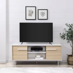 Modern 2 Door TV Stand For TVs Up To 65" Solid White/Coastal Oak/White - Saracina Home -Lush Living Store GUEST d6237cf6 7faf 4a9a ab9d 1f1963b17cb5