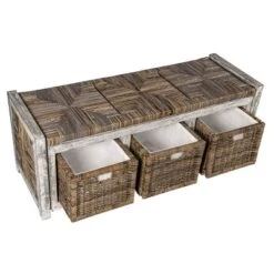Happimess Rustic 43.3" 3 Drawer Wicker Storage Bench, Gray -Lush Living Store GUEST df1492c0 3844 4f88 bf31 2344ee63e43c