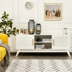 Costway TV Stand Entertainment Media Console W/ 2 Rattan Cabinets & Open Shelves -Lush Living Store GUEST e5777d91 c3a5 4488 9a03 1a3eed8da4db