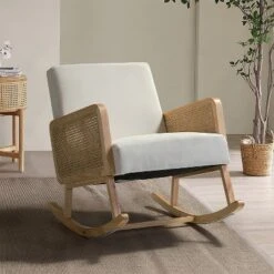 Adena Rocking Accent Chair With Rattan Arms | Karat Home-Beige