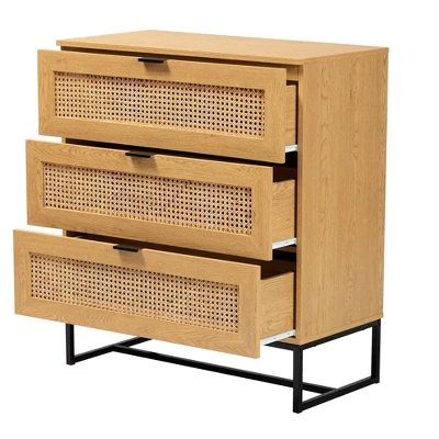Sawyer Wood And Metal 3 Drawer Storage Cabinet With Natural Rattan Oak Brown/Black - Baxton Studio 4 Sawyer Wood And Metal 3 Drawer Storage Cabinet With Natural Rattan Oak Brown/Black - Baxton Studio - Image 2