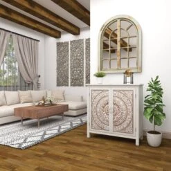 Rustic Wooden Cabinet With Carved Medallion Design Beige - Olivia & May -Lush Living Store GUEST eacf7405 8b84 4fe1 84df 41fae8d17be2