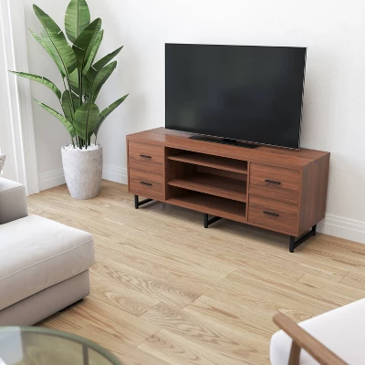 Cambridge Three Shelf And Four Drawer TV Stand For TVs Up To 65" With Square Metal Legs Rustic - Merrick Lane 4 Cambridge Three Shelf And Four Drawer TV Stand For TVs Up To 65" With Square Metal Legs Rustic - Merrick Lane - Image 2