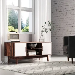 43" Wesley Wood Mid Century 2 Door TV Cabinet For TVs Up To 59" Medium Walnut/ Matte White - Nathan James -Lush Living Store GUEST ebb208f9 2e9d 4c31 bb13 49c2ae3af83c