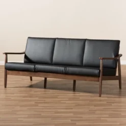 Venza Mid-Modern Walnut Wood Faux Leather 3 Seater Sofa Black - Baxton Studio -Lush Living Store GUEST f16218f9 5a18 4a1a a1dd 412e20eb8d76