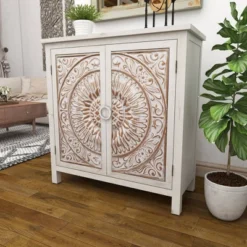 Rustic Wooden Cabinet With Carved Medallion Design Beige - Olivia & May -Lush Living Store GUEST f185a8ed 4f66 4308 97bf e98d6f982b1f