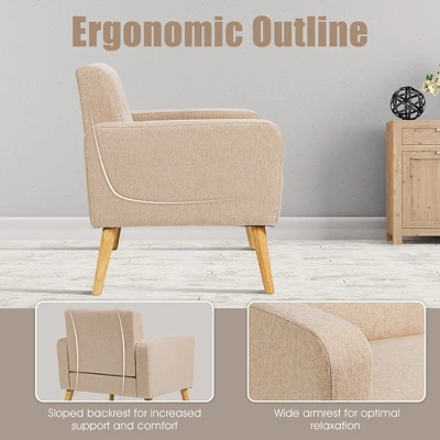 Costway Modern Accent Chair Upholstered Linen Armchair W/Rubber Wood Legs YellowBeigeGreyNavy 8 Costway Modern Accent Chair Upholstered Linen Armchair W/Rubber Wood Legs YellowBeigeGreyNavy - Image 6