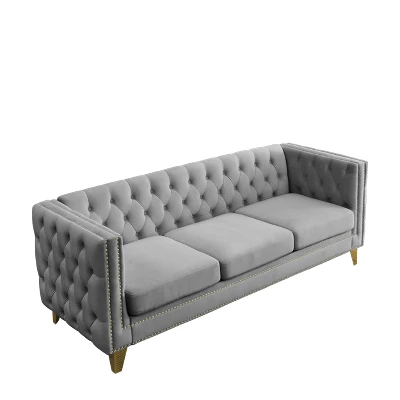 Living Room Modern Velvet Sofa With Button Tufted Square Arms And Metal Legs - ModernLuxe 6 Living Room Modern Velvet Sofa With Button Tufted Square Arms And Metal Legs - ModernLuxe - Image 4
