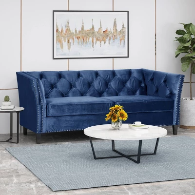 Chatwin Contemporary Tufted Velvet Sofa Dark Blue - Christopher Knight Home 3 Chatwin Contemporary Tufted Velvet Sofa Dark Blue - Christopher Knight Home