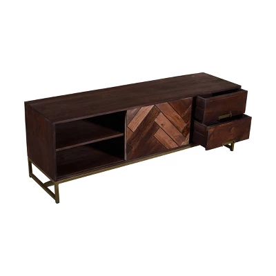 2 Drawer Mango Wood Cabinet With Herringbone Inlaid Door Storage TV Stand For TVs Up To 70" Brown - The Urban Port 4 2 Drawer Mango Wood Cabinet With Herringbone Inlaid Door Storage TV Stand For TVs Up To 70" Brown - The Urban Port - Image 2