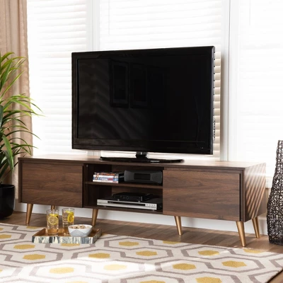 Landen Mid-Century Modern Wood TV Stand For TVs Up To 65" Walnut/Gold/Brown - Baxton Studio 8 Landen Mid-Century Modern Wood TV Stand For TVs Up To 65" Walnut/Gold/Brown - Baxton Studio - Image 6