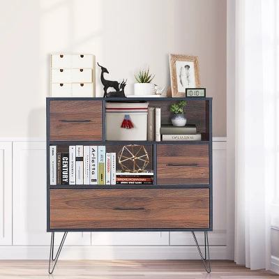 Costway Sideboard Storage Cabinet Multipurpose Display Unit W/Metal Leg & Drawers Walnut 4 Costway Sideboard Storage Cabinet Multipurpose Display Unit W/Metal Leg & Drawers Walnut - Image 2