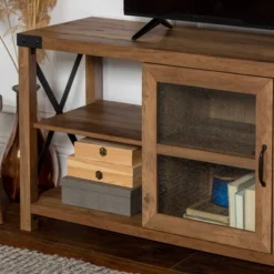 Sophie Rustic Farmhouse X Frame Glass Doors TV Stand For TVs Up To 80" Rustic Oak - Saracina Home -Lush Living Store GUEST fcb990cb 6a16 450e b621 062a163db296