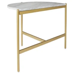 Crescent Moon Shaped Marble Top Metal Chair Side End Table White/Gold - Benzara